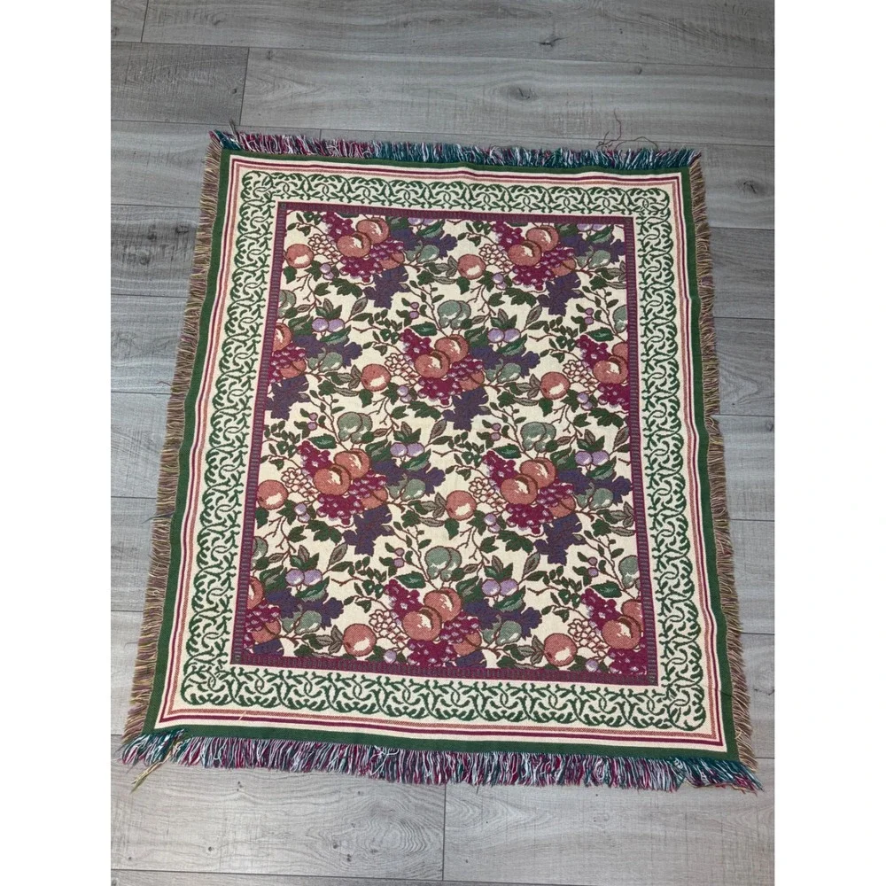 Vintage 90s Woven Tapestry Throw‎ Blanket Fruits Reversible Cottagecore
